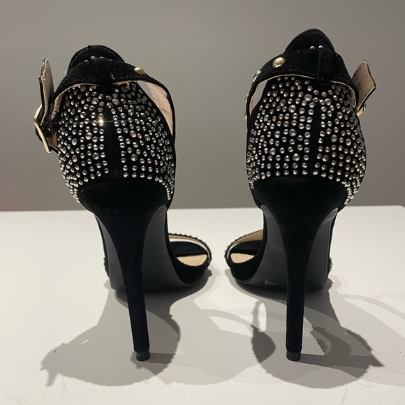 Black Vegan Suede Heeled Sandals with Rhinestone Detail - Picture 6 of 9